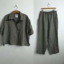 Flax Gray 2 Piece Set Linen Top Pants Large Gray Check Sleeves Relaxed Lagenlook - £47.79 GBP