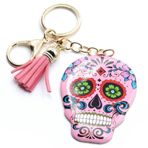 Pink Sugar Skull Tassel Keychain KeyRing Bag Charm - £10.83 GBP