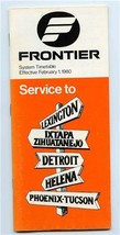 Frontier Airlines System Timetables February 1980 Lexington Detroit Helena  - $7.92