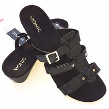 Vionic Wedge Sandals 12 Black Adjustable Triple Strap Patent Croco Slides Radia - £38.33 GBP