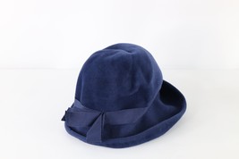 Vtg 50s Rockabilly Distressed Felt Wool Banded Cloche Hat Cap Blue Womens USA - £35.57 GBP
