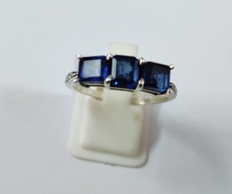 925 Sterling Silver Natural Emerald Cut 3 Stone Blue Sapphire Ring for Unisex - £74.23 GBP