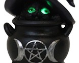 Witch Hat Feline Black Cat Hiding in Triple Moon Cauldron With LED Eyes ... - $26.99