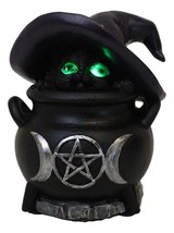 Witch Hat Feline Black Cat Hiding in Triple Moon Cauldron With LED Eyes Figurine - £21.32 GBP