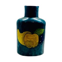 Vintage Vase Hand Painted TALAVERA Mexican Pottery Turquoise Yellow Apple Pear - £30.93 GBP
