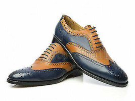 Handmade Men&#39;s Leather New Blue &amp; Tan Correspondent Wingtips two tone shoes-527 - $189.91