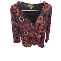 New Notations Womens Size XL Vneck Layered Look Top Shirt Floral 3/4 Sleeve Red - £11.62 GBP