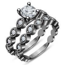 1.50 CT. T.W. Round Cut Diamond 14K Black Gold Finish Engagement Bridal Ring Set - £71.31 GBP