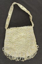 VINTAGE Evening Bag Purse Peach Cream Satin Hand Beaded Sequin Floral Handbag - £16.27 GBP