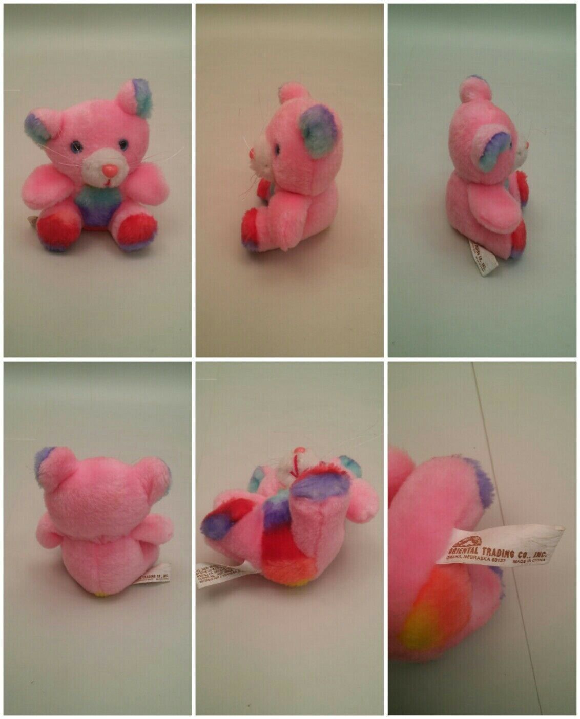 001B VTG Oriental Trading Rainbow Color Stuffed Toy Animal Pink Bear 4.5 inch - $11.99