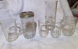 Lot Of 6 Vintage Glasses Jars Clear Juice Jelly Canning Drinking Varies ... - £19.66 GBP