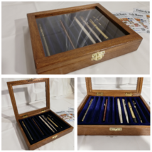 Casket For 10 Pens Collectibles Dresser IN Wood Chestnut Inside Blue - $39.14