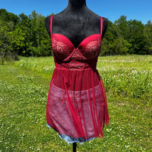 Victoria Secret Bustier Top 36C Babydoll Red &amp; Cream Lace Corset Bra Lingerie - $24.75