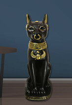 Large Black And Gold Egyptian Goddess Cat Bastet With Scarab Amulet Statue 37&quot;H - £471.96 GBP