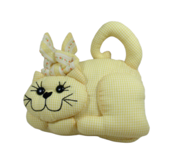 Yellow white gingham checked cat plush decoration orange flowers bow han... - $20.57