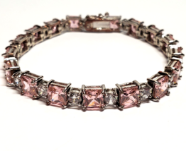 Solid Sterling 925 Silver Tennis Bracelet Pink Ice Clear Cubic Zirconia Stones - $54.45