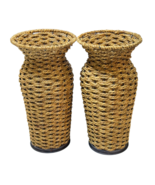 Natural Seagrass Basket Vase Pair 2-Metal Bottom 12&quot; Indoor / Outdoor Decor - £31.73 GBP