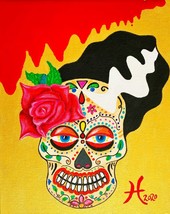 Sugar Skull Bride - Original Wall Art Mixed Media Handmade Painting  8”x10” - £60.22 GBP