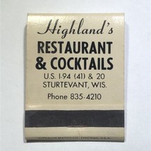 Highland’s Restaurant Bar Sturtevant Wisconsin Match Book Cover Matchbox - £3.94 GBP