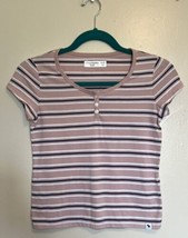 abercrombie Kids Girls Top Size 11 / 12 Blush Pink Blue Striped Henley Shirt - £7.91 GBP