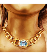 Christian Dior Aqua Blue Oval Crystal Chunky Necklace/Choker Gold Plated - $299.98