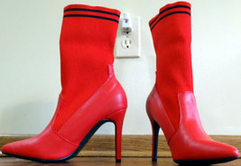 NEW ROUGE Red Leather Stretch Knit Top Booties Pointed Toe High Heel Boots 10 - $12.86