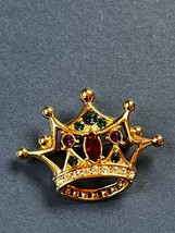 AK Signed Goldtone Bejeweled CROWN w Red Purple Blue Green &amp; Clear Rhinestones - £10.29 GBP