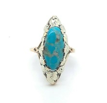 14k Gold Arts and Crafts Genuine Natural Turquoise Ring Applied Leaves (#J5214) - £677.33 GBP