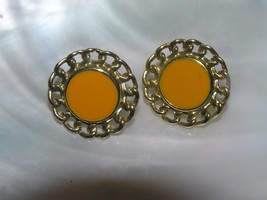 Estate Round Mustard Enamel w Goldtone Chain Frame Post Earrings for Pierced Ear - £6.86 GBP