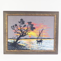 Vintage Embroidered Ocean Sunset Scene Framed 21-1/2&quot;x27-1/2&quot; - £87.04 GBP