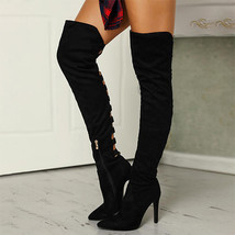 Women Sexy Black Hollow Out Over The Knee Boots Female Pointed Toe Party Boots L - £57.13 GBP