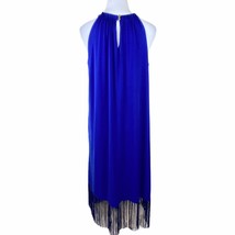 CHICOS Fringed Hem Dress Size 1 US 6 / 8 Blue Sleeveless Midi Stretch Pu... - £27.68 GBP