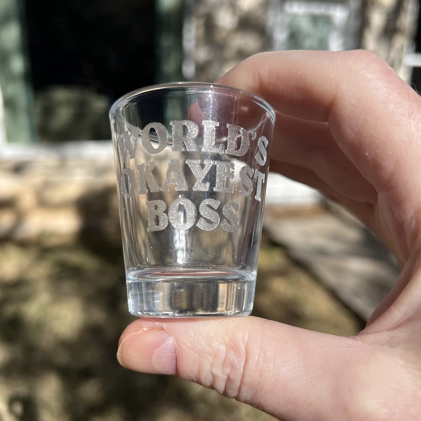 2oz Worlds Okayest Boss Shotglass LASER 2oz Worlds Okayest Boss Shotglass LASER