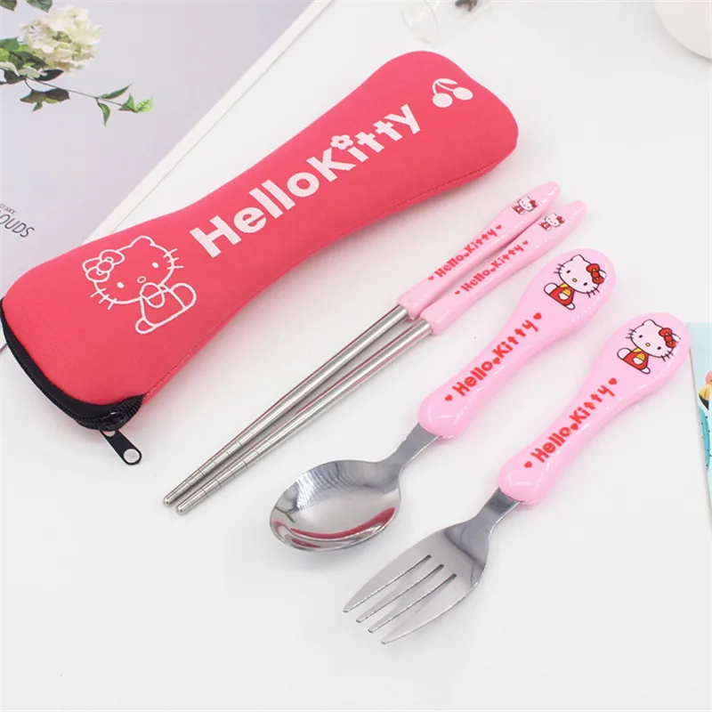 Hello Kitty Stuff Anime Metal Spoon Fork Chopsticks Tableware Set Kawaii Cartoon - £8.28 GBP+