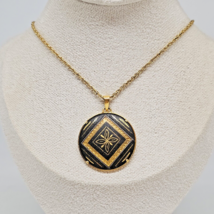 Vintage Gold Plated Black Round Damascene Pendant Necklace Chain with Pendant - £23.94 GBP