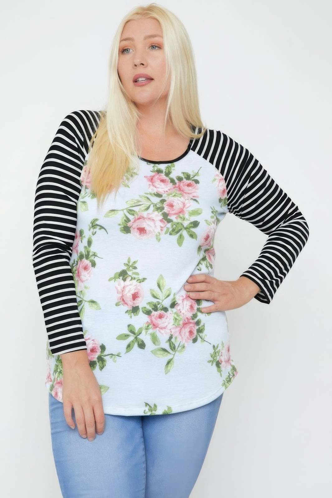 Plus Size Floral Top Featuring Raglan Style Striped Sleeves And A Round ... - $8.00