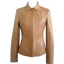 Handmade Women Tan Fashion Jacket With Real Leather Flap Collar Front Zi... - $137.19