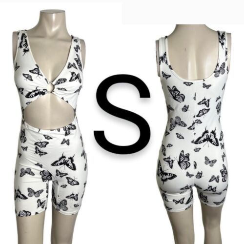 Primary image for Y2K White Butterflies Print O-Ring Cut Out Biker Shorts Stretchy Romper~Size S