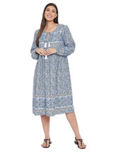 Floral Printed Sky Blue Cotton Empire Dress for Women - £24.77 GBP