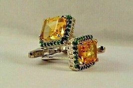 3.00Ct Princess Cut Simulated Citrin Emerald Cufflinks 14kYellow Gold Plated Men - £90.79 GBP