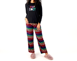 Cuddl Duds Cotton Jersey &amp; Microfleece Pajama Set- Black / Stripe, Medium - £22.90 GBP