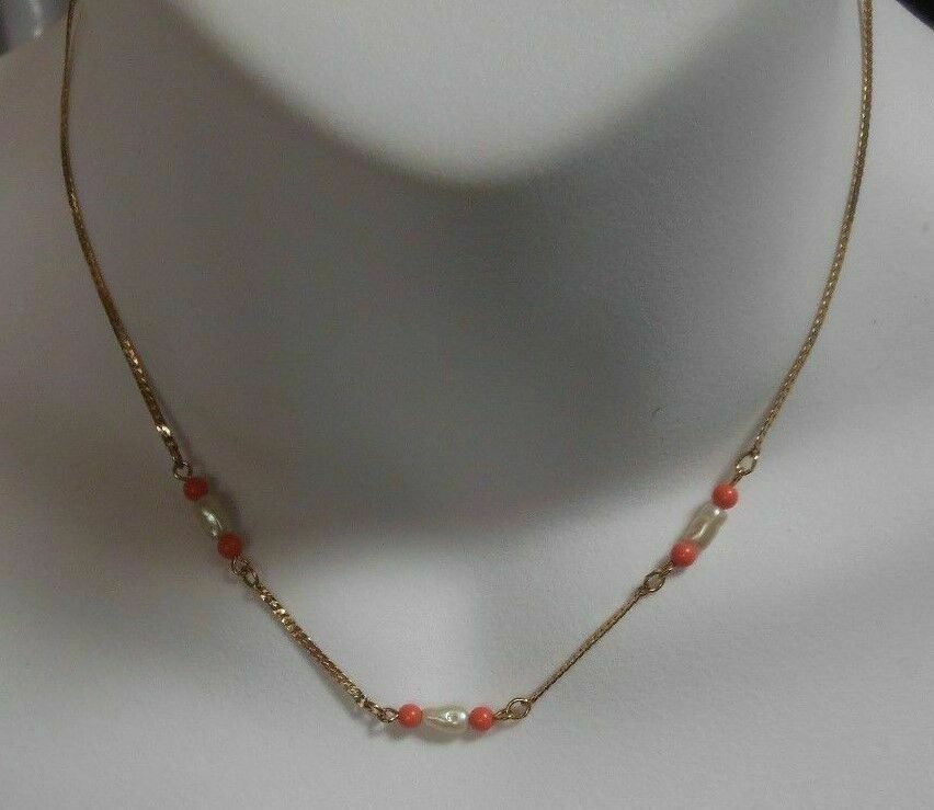 Vintage Avon Gold-tone Faux Biwa Pearls &amp; Coral Bead Necklace 1981 - $13.85