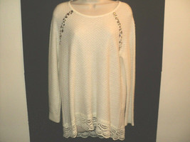 Chico&#39;s Size 1 (M) Sweater Cream Pull-Over Rounded Neck Long Sleeves Beaded/Lace - £13.46 GBP