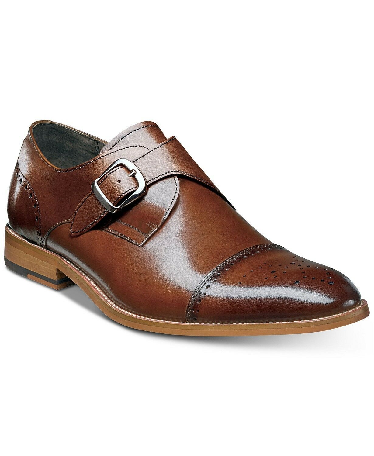 Men Brown Monk Brogue Cap Toe Single Buckle Strap Genuine Leather Shoes US 7-16