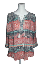 Lucky Brand Boho Short Sleeve Shirt Top Bohemian Plus Size 1X Aztec Tie V-Neck - £14.38 GBP