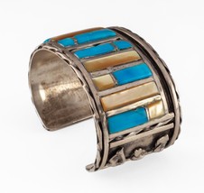 E Spencer Turquoise &amp; Yellow MOP Sterling Silver Wide Cuff Bracelet 92.7gr - £582.53 GBP