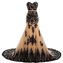 Long Mermaid Black Lace Vintage Gothic Prom Dress Wedding Evening Gown Champagne - £150.31 GBP