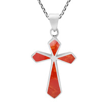 Modern Faith .925 Sterling Silver Cross with Red coral Inlays Necklace - $19.79