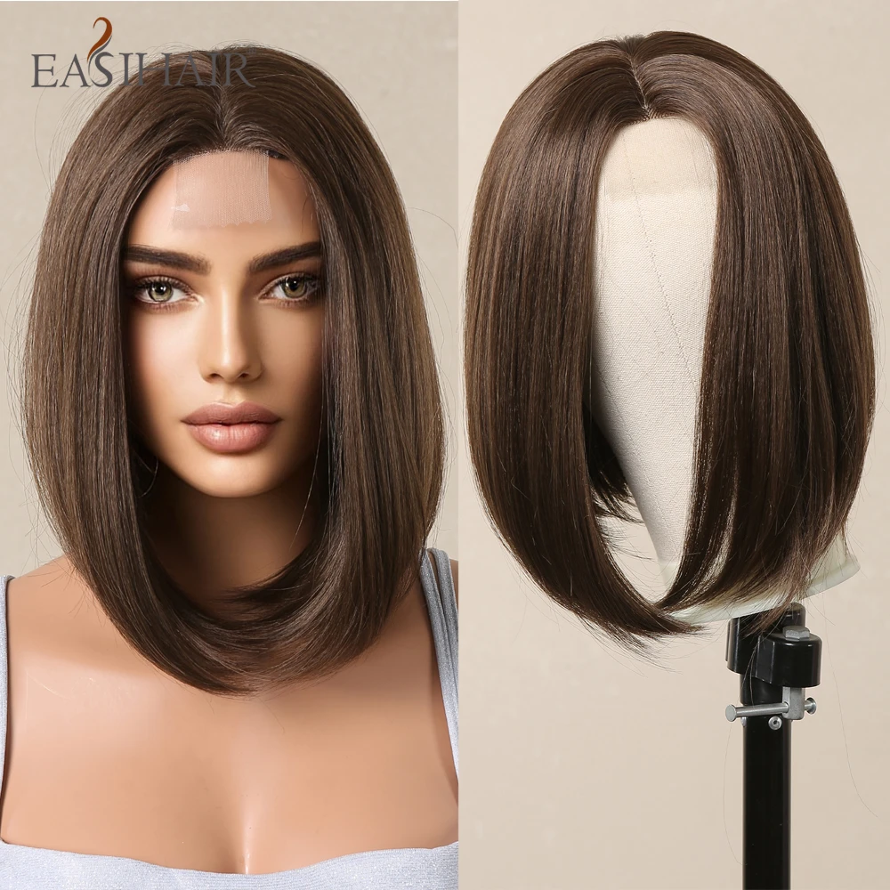 EASIHAIR Short Straight Synthetic Lace Wigs Middle Part Ash Brown Bob Wigs f - £16.08 GBP+