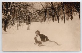 RPPC Edwardian Woman Lying In Snow Sweet Smile c1910 Real Photo Postcard A48 - £14.92 GBP